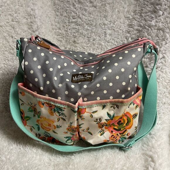 Matilda Jane Floral Polka Dot Diaper Bag Pink Peach Gray Baby Unisex tote . - Picture 1 of 16